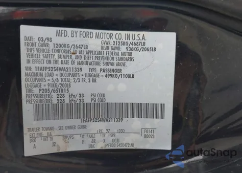 1998 Ford Taurus Lx/Se из США, поврежденный, VIN 1FAFP52S4WA211339